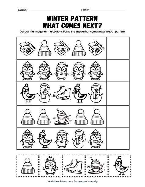 Winter Patterns | What Comes Next | Kindergarten Worksheets What Comes Next Worksheets, Shape Pattern Worksheet, Patterns Worksheet Kindergarten, Pattern Copying Worksheet, Pattern Worksheet For Grade 1, Christmas Pattern Worksheet, Complete The Pattern Worksheet Grade 1, Pattern Worksheets For Kindergarten, Ab Patterns