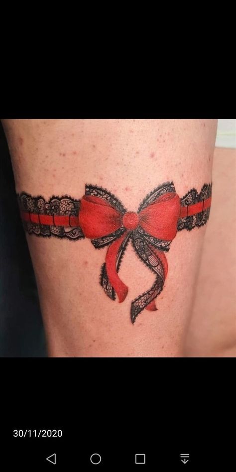 Bow Garter Tattoo, Thigh Garter Tattoo Simple, Hips Tattoo, Bow Tie Tattoo, Lace Garter Tattoos, Thigh Garter Tattoo, Bow Tattoos, Butterfly Tattoos Images, Bow Tattoo Designs