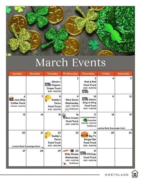 Events In March, Work Event Ideas, Property Management Marketing, Taco Burger, Resident Events, Happy March, Cereal Bar, Coffee Truck, Wine Down