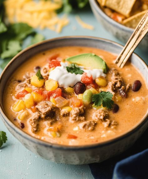 Creamy Beef Enchilada Soup Recipe Beef Enchilada Soup, Enchilada Soup Recipe, Beef Enchilada, Corn Casserole Recipe, Enchilada Soup, Beef Enchiladas, Corn Muffins, Corn Casserole, Cheesy Recipes