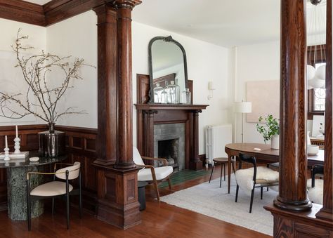 Home Tour // A Washington Four Square That Will Make You Fall In Love With Wood Trim — The Grit and Polish Dark Trim With Light Wood Floors, White Walls Dark Brown Trim, Dark Trim Living Room, Dark Trim White Walls, Darker Trim Lighter Walls, Columns In Living Room, Dark Wood Home, Brown Wood Trim, Wood Window Trim