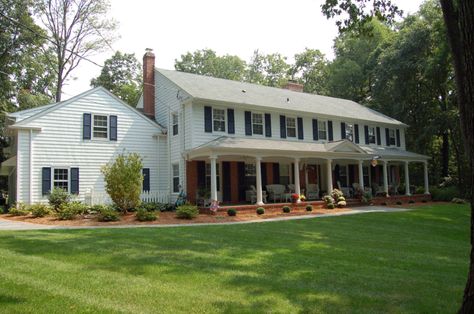 center hall colonial with front porch - Google Search Center Hall Colonial Entryway, Colonial With Front Porch, Colonial Entryway, Garrison Colonial, Front Porch Remodel, Colonial House Exteriors, Center Hall Colonial, Porch Remodel, Colonial Exterior