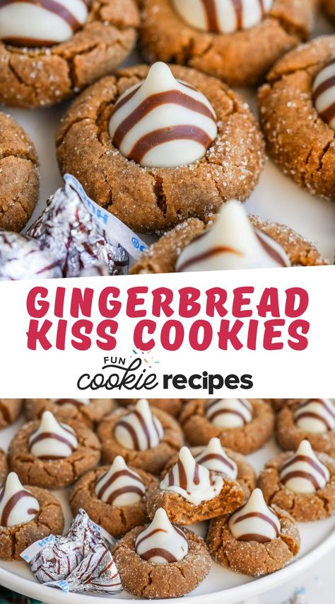 Gingerbread Kiss Cookies Hershey Kiss Christmas Cookies, Gingerbread Kiss Cookies, Gingerbread Kiss Cookies Recipe, Hersheys Kiss Cookies Christmas, Cookies With Hershey Kisses, Christmas Cookie Hershey Kiss, Christmas Cookies Hershey's Kisses, Holiday Dessert Drinks, Animal Cookies Recipe