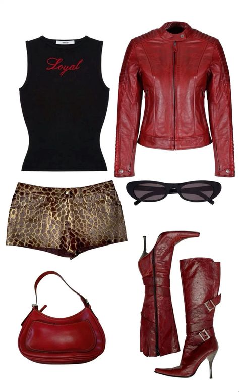 Red Leather Shorts Outfit, Keinemusik Outfit, Leopard And Red Outfit, Leopard Clothes Aesthetic, Cheetah Y2k Outfit, Leopard Print Outfits Y2k, Cheetah And Red Outfit, Red Outfit Aesthetic, Y2k Cheetah Print Outfits