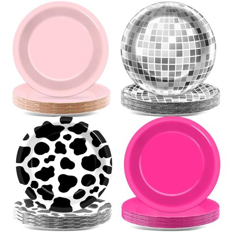 PRICES MAY VARY. Packing content: These western cowgirl party decorations include: 48pcs 7-inch hot pink disco dessert plates in 4 different designs. Brighten up your table setting with our disco cowgirl dinner plates that exude an appealing and cheerful atmosphere, ideal for your disco cowgirl-themed party or hot pink disco birthday party. Western cowgirl party design: This hot pink disco plate set features 4 designs: cow print and disco ball patterns, pink and rose red colors. Disco cowgirl pa Hot Pink Disco Ball, Western Cowgirl Party, Cowgirl Birthday Party Decorations, Cowgirl Party Decorations, 90s Disco, Pink Disco Ball, Disco Party Decorations, Pink Disco, Cowgirl Birthday Party