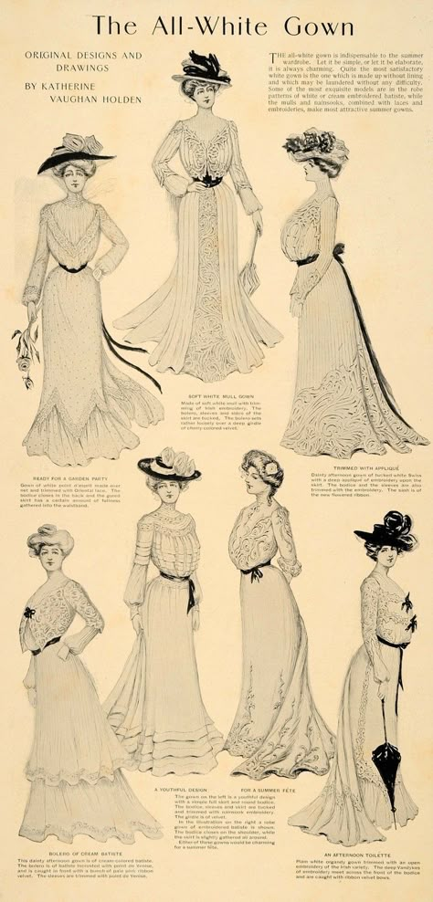 1901 ad for Summer all-white gowns. Yes, we do need a closet full of these! They're all so different. White Gown Dress, 1900 Fashion, 1900s Fashion, Edwardian Dress, History Fashion, White Gown, Gibson Girl, Summer Lace, Old Fashion