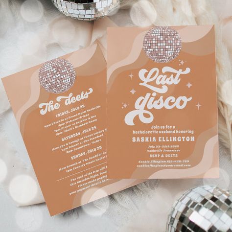 70s Bachelorette, Disco Bachelorette Party, Itinerary Invitation, Retro Bachelorette, Last Disco, Bachelorette Weekend Itinerary, Disco Bachelorette, Bachelorette Weekend Invitations, Wedding Announcement Cards