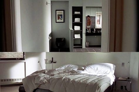 american paycho, patrick bateman, interior design, bedsheets, bed Patrick Bateman House, Patrick Bateman Room, Patrick Bateman Lifestyle, Patrick Bateman Apartment, Grey Bedroom Furniture Ideas, Bedroom Greenhouse, 80s Interior Design, Bedroom Furniture Ideas, 80s Interior