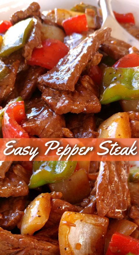 Pepper Steak! A super easy dinner recipe with Asian flare made from stir-fried beef, fresh bell peppers and onions served over rice. Pepper Steak Recipe Easy, Peper Steak, Beef Pepper Steak, Pepper Steak And Onions, Steak Stirfry Recipes, Southern Foods, Beef Tip Recipes, Gallbladder Diet, Pepper Steak Recipe