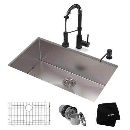 Kraus Kitchen Set with Standart Proâ¢ Stainless Steel Farmhouse Kitchen Sink and Boldenâ¢ Commercial Pull-Down Kitchen Faucet in Matte Black 30 Inch Kitchen Sink, Matte Black Kitchen Sink, Soap Dispenser Kitchen Sink, Kitchen Styling Modern, Matte Black Kitchen, Black Kitchen Sink, Black Faucet, Black Kitchen Faucets, Bowl Kitchen Sink