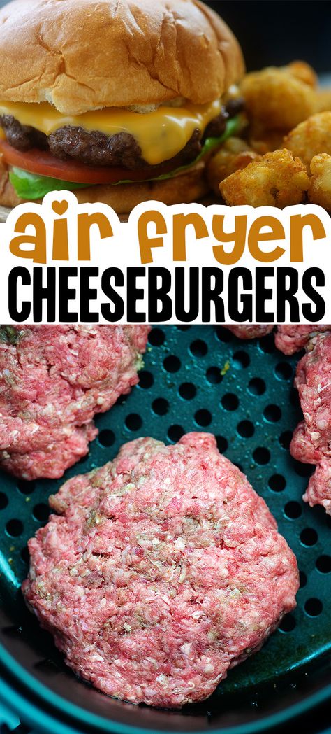 You can make these burgers in your air fryer without heating up your whole grill, or splattering grease everywhere! #cheeseburgers #recipe #airfried Air Fryer Burgers, Air Fryer Hamburgers, Air Fryer Recipes Hamburger, How To Cook Hamburgers, Hamburger Recipe, New Air Fryer Recipes, Air Fryer Recipes Snacks, Air Fryer Cooking Times, Cooks Air Fryer