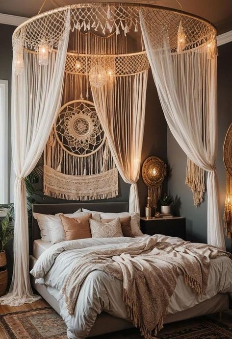 Bed On Floor Ideas Boho, Boho Canopy Bed, Bed On Floor Ideas, Bed On Floor, Beds On Floor Ideas, Boho Canopy, Boho Bedroom Decor Ideas, Magical Bedroom, Boho Bedrooms