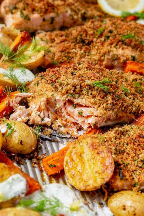 Herb Crusted Salmon with Garlic Roasted Potatoes and Carrots Herb Crusted Salmon, Creamy Garlic Mushrooms, Roasted Potatoes And Carrots, Garlic Roasted Potatoes, Sheet Pan Dinners Chicken, Pan Chicken Fajitas, Crusted Salmon, Healthiest Seafood, Carrots And Potatoes