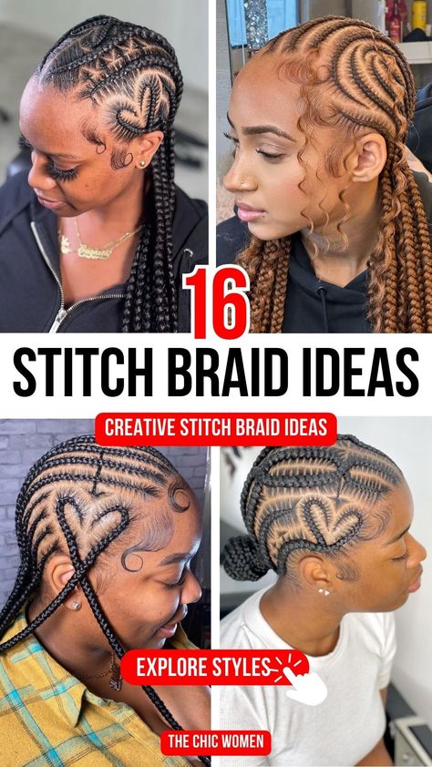 Upgrade your hair game with these 16 creative stitch braid ideasFrom intricate patterns to bold stylesstitch braids are the perfect way to add flair to your lookWhether you’re going for a sleekminimalist style or an eye-catchingartistic designthese stitch braids will give you a freshtrendyand modern upgrade to your hairstyle. StitchBraids BraidedHairstyles HairInspo CreativeBraids Cornrow Hairstyles With Designs, 10 Braids To The Back, Crazy Braids For Black Women, Cornrow Ideas Natural Hair Braided, Goddess Stitch Braids, Stitch Hairstyles, Stitch Braids Designs, 8 Stitch Braids With Design, Design Stitch Braids