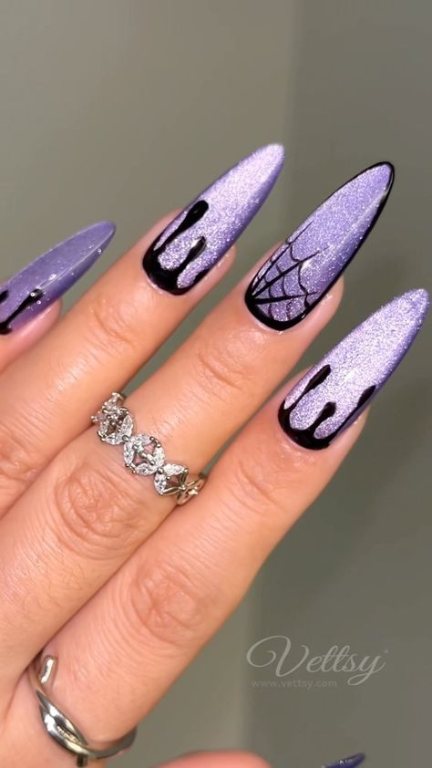 👻🎃Halloween 2023 Nail Inspiration-Purple spooky vibe💀 Will you try it for Halloween? 🕷️Flowery Cat Eye Gel-FC03 🕷️Solid Gel-14 Night… | Instagram Pastel Purple And Black Nails, Pastel Goth Nails, Duo Ideas, Concert Nails, Holloween Nails, 2023 Nail, Witch Nails, Witchy Nails, Halloween Acrylic Nails