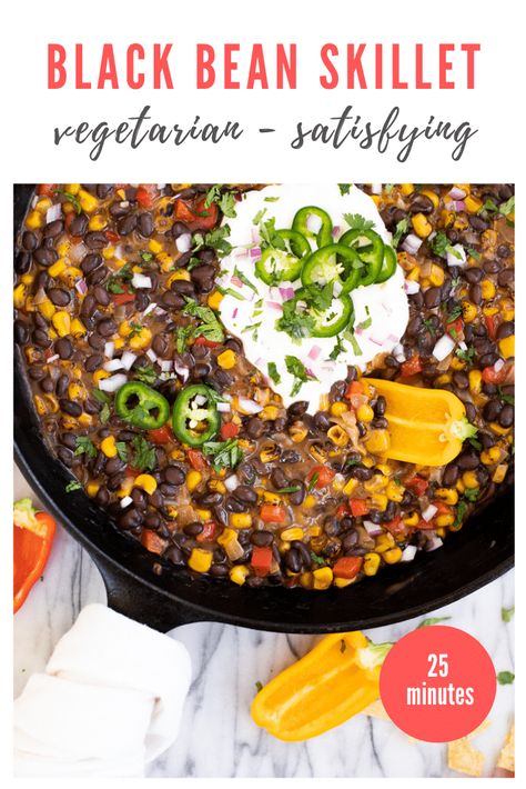 Easy vegetarian dinner idea that takes just 25 minutes to make! This Mexican-inspired black bean and corn skillet dinner is vegetarian (easily vegan!), but satisfying enough for meat-eaters. Eat as a dip with tortilla chips and mini peppers for a fun meal! Black Bean Bake, Southwestern Casserole, Black Bean Skillet, Corn Skillet, Bean Bake, Black Bean Casserole, Vegan Ground Beef, Bean Chips, Black Bean And Corn