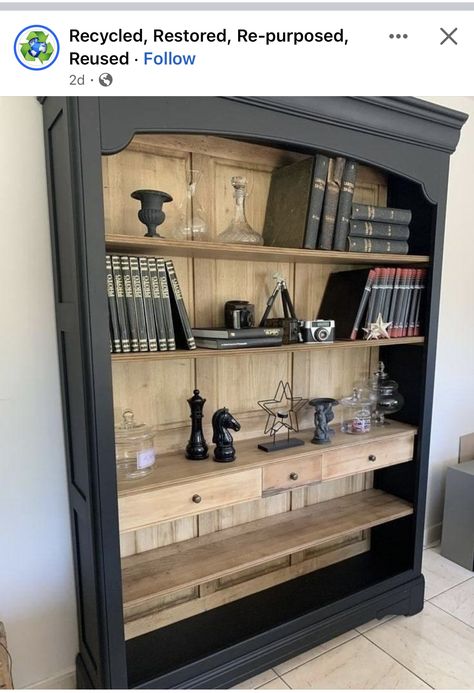 Repurposed Bookshelf, Refurbished Bookshelf, China Cabinet Makeovers, Bookshelf Inspiration, Revamp Furniture, Ethnic Decor, Black Furniture, Farmhouse Interior, Diy Furniture Renovation