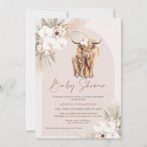 $1.98 | Blush Boho Floral Arch Highland Cow Baby Shower - zgroupon, arch, blush, pampas gras, palm leaf, girls baby shower invite, blush boho floral, highland cow baby shower invitation, cow themed baby shower invitation, highland cow and calf Cow Baby Shower Theme, Cow Baby Shower Invitations, Cow Baby Shower, Highland Cow Baby, Cowgirl Baby Showers, Girl Shower Themes, Cow Baby Showers, Southern Baby, Boho Baby Shower Invitations