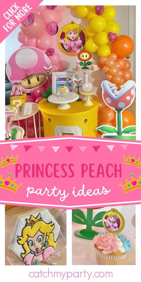 Princess Daisy Birthday Party, Princess Peaches Birthday Party, Mario And Peaches Birthday Party, Peaches Mario Birthday Theme, Mario Princess Birthday Party, Princess Peach Dessert, Princess Peaches Party, Princess Peach Dessert Table, Peach Mario Birthday Party Decorations