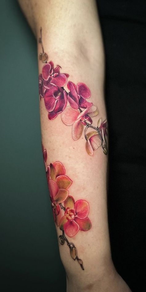 Purple Orchids Tattoo, Orchid Tattoo Ankle, Color Orchid Tattoo, Orchid Tattoo Color, Purple Orchid Tattoo, Hydrangea Tattoo, 21 Tattoo, Live Tattoo, Scar Cover Up