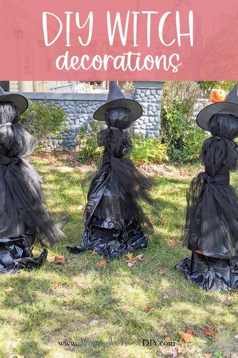 Tomato Cage DIY Witch Decoration for Halloween Tomato Cage Witches Diy Easy, Ring Of Witches Yard Decor, Tomato Cage Witches Diy, Diy Witch Coven Decoration, Witches Made From Tomato Cages, Witch Made Out Of Tomato Cage, Diy Witch Circle Decoration, Diy Witch For Porch, Diy Witch With Tomato Cage