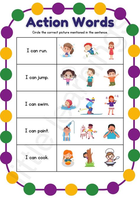 Action Verbs, Action Words, Pre Kindergarten, English Language Teaching, Language Teaching, English Worksheets, Grade 1, English Language, Kindergarten