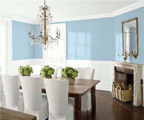 Look at the paint color combination I created with Benjamin Moore. Via @benjamin_moore. Wall: Greenhow Blue CW-655; Trim & Wainscot: Distant Gray 2124-70; Ceiling: Distant Gray 2124-70. Blue Green Paints, Color Combinations Paint, Dining Room Paint, House Of Turquoise, Paint Color Inspiration, Dining Room Colors, Favorite Paint Colors, Green Paint Colors, Benjamin Moore Colors