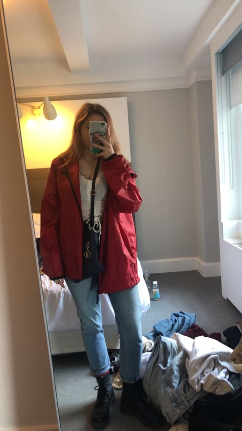 Red Outfits Aesthetic, Red Jacket Outfit, Red Rain Jacket, Windbreaker Outfit, Red Outfits, Red Windbreaker, Red Rain, Jacket Outfit, Doc Martens