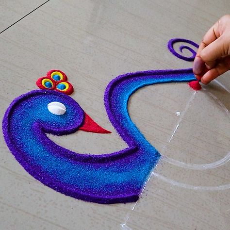 Awesome Rangoli - Beautiful Peacock Rangoli Design For Festivals | Peacock Kolam Designs | Peacock Muggulu Designs Mor Pankh Rangoli, Beautiful Rangoli Designs Peacock, Pecock Model Rangoli, Peacock Rangoli Designs Diwali Latest, Peacock Rangoli Designs Beautiful, Picoke Bird, Rangoli Peacock Design, Peacock Rangoli Designs Easy, Peacock Design Rangoli