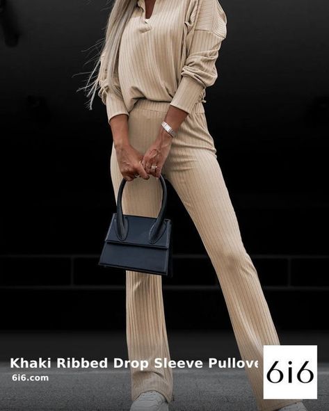 🍂✨ Elevate your wardrobe with our Khaki Ribbed Drop Sleeve Pullover and High Waist Pants Set! ✨🍂 - Enjoy the perfect blend of comfort and style with 65% Polyester, 30% Viscose, and 5% Elastane for a flattering fit. - The pullover features a chic ribbed texture, adding depth and interest, while the high-waist pants accentuate your figure effortlessly. - Dress it up with heels or keep it casual with sneakers—the versatility is endless! Snag yours now for just $49.54! 💸 Shop link in bio. #Fas... Top And Pants Set, Casual Stylish, Ribbed Texture, Collar Top, Waist Pants, Color Khaki, Two Piece Outfit, Pants Outfit, Top Casual