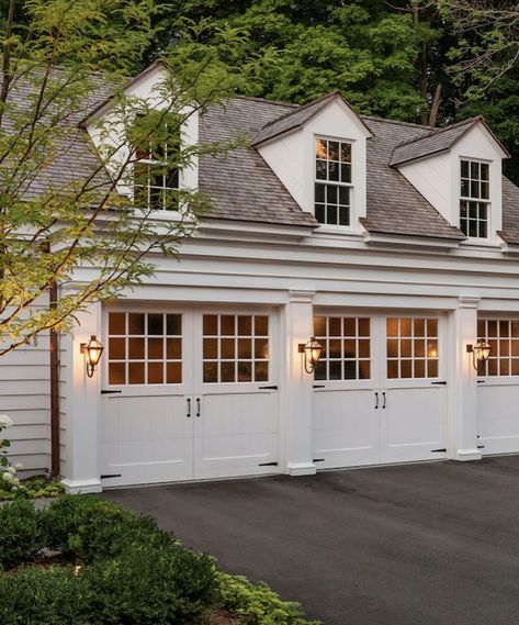 Garage Design Outdoor, Home Exterior With Garage, Front Garage Ideas, Large Garage Ideas, White House With Blue Shutters, Garage Door Lights, Cornwall House, White Garage, Curbside Appeal