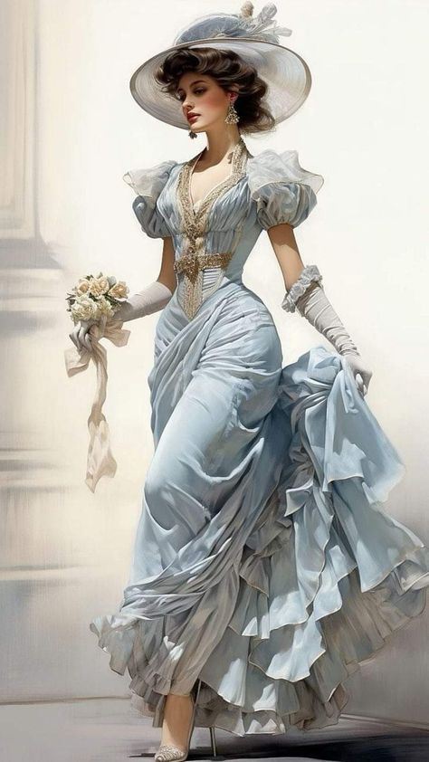 Images Victoriennes, Victorian Era Dresses, Fashion Design Inspiration, Vintage Foto's, Painting Of A Woman, Long Blue Dress, Victorian Women, Victorian Art, Vestidos Vintage