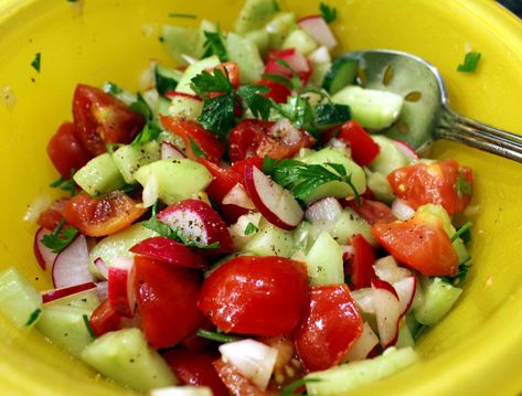 Quick Cucumber, Tomato, Onion, and Radish Salad – anotherfoodieblogger Radish Cucumber, Cucumber Canning, Radish Recipes, Radish Salad, Cucumber Tomato Salad, Red Onion Salad, Onion Salad, Eat This Not That, Cucumber Tomato