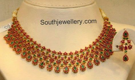 Floral Ruby Emerald Necklace Choker Necklace Indian, Ruby Necklace Designs, Latest Jewellery Designs, Indian Choker Necklace, Buy Gold Jewelry, Diamond Choker Necklace, Gold Necklace Indian, Online Gold Jewellery, Diamond Necklace Designs