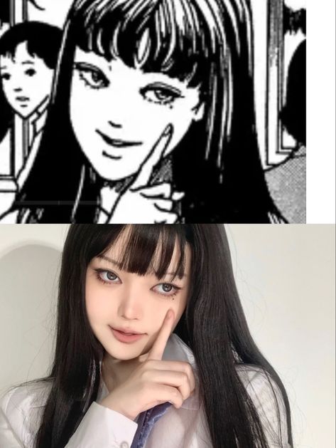 Save-Follow🖤🤍 Cosplay Ideas Women Anime Black Hair, Tomie In Real Life, Tomi Cosplay, Cosplay Black Hair Character, Tomi Makeup, Black Hair Cosplay Ideas, Souichi Cosplay, Tomie Junji Ito Cosplay, Cosplay Black Hair