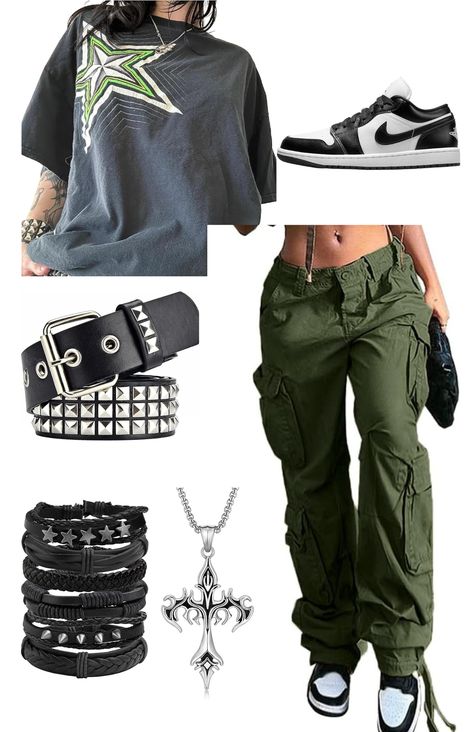 Discover the perfect blend of grunge and streetwear with this edgy outfit featuring a striking green accent. All products tagged below! #GrungeStyle #Streetwear #OutfitIdeas #Outfitinspo Green Tomboy Outfits, Streetwear Fashion Green, Green Grunge Outfit, Green Y2k Outfit, Green Pants Outfit, Edgy Outfit, Green Y2k, Star Force, Streetwear Girl