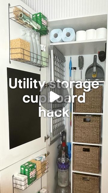 B&Q on Instagram: "ad I’ve always wanted a separate utility room, but that won’t be happening for the foreseeable future, so it was time to get creative!  With @bandq_uk ’s help, I transformed this cupboard (of doom) into an organised and practical mini-utility room with a place for everything. And because I know you love a good DIY hack, here are my faves from this project…  • Back-of-the-door storage compartments save space and double up as useful dispensers for rolls of bags. • Chalkboard paint and a Harris paintbrush created a handy, hidden noticeboard for family ‘to-do’s and reminders.  • I tied the chalk to the metal storage so it can’t get lost. • I wall-mounted the cleaning items so they don’t fall over (& out of the cupboard onto my foot like usual!) • A wall-mounted hook made t Utility Storage Cabinet Kitchen, Utility Room Hacks, Utility Cupboard Ideas, Small Utility Storage, Utility Storage Ideas, Laundry Cupboard Ideas, Vacuum Cleaner Storage, Laundry Cupboard, Utility Room Storage