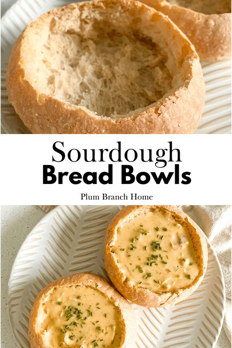 Sourdough bread bowls are the best way to serve soup, especially during the fall and winter seasons. There's no cozier way to enjoy a meal! They're the perfect soup bowl size! Sourdough Thanksgiving Recipes, Sourdough Bread Bowl Recipe, Sourdough Bread Bowls, Bread Bowl Soup, Easy Sourdough Bread Recipe, Bread Bowl Recipe, Bread Winners, Dough Starter, Bread Soup