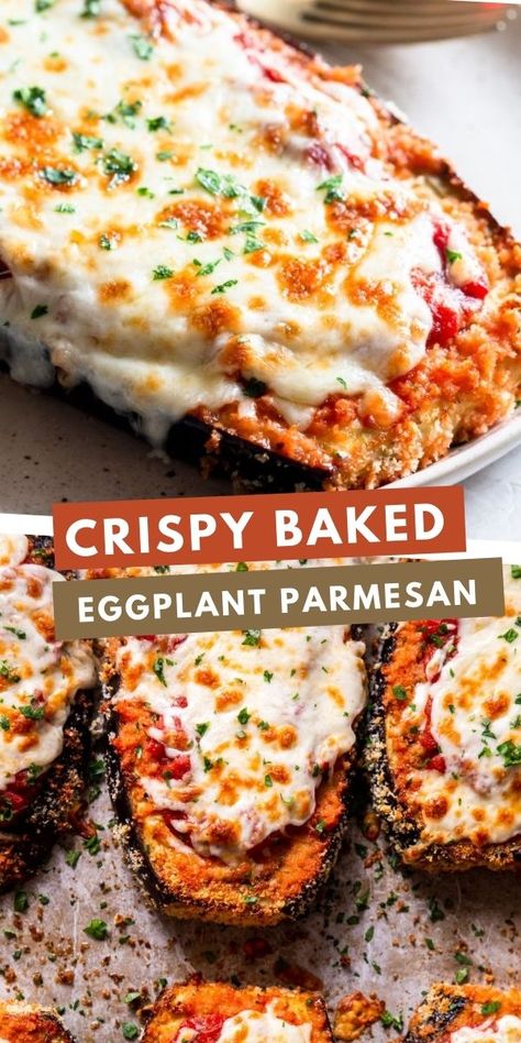 This Crispy Baked Eggplant Parmesan is healthy, easy and delicious. A different way of slicing the eggplant allows it to stay super crispy even though it is baked in the oven. Crispy Baked Eggplant, Baked Eggplant Recipes, Eggplant Recipes Healthy, Baked Eggplant Parmesan, Eggplant Recipes Easy, Eggplant Parmesan Baked, Eggplant Recipes Parmesan, Eggplant Dishes, Meals Easy