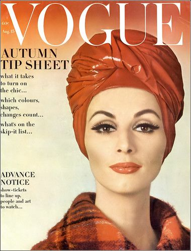 Wilhelmina is wearing a shiny red kidskin, draped and wrapped in tallish turban by Halston, plaid wool and mohair coat by Originala, cover photo by Gene Laurents, Vogue, August 15, 1962 Vintage Vogue Covers, Candice Bergen, Jean Shrimpton, Jacqueline Bisset, Vogue Magazine Covers, Vogue Archive, Lauren Hutton, Mode Turban, Fashion Magazine Cover