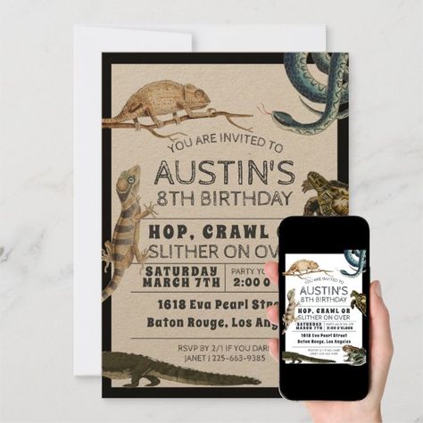 Reptile Show Birthday Party Invitation - Kids Birthday Legless Lizard, Reptile Birthday Party, Reptile Party, 6 Birthday, Modern Birthday, Live Animals, Gerbil, Themed Birthday Party, Modern Kids