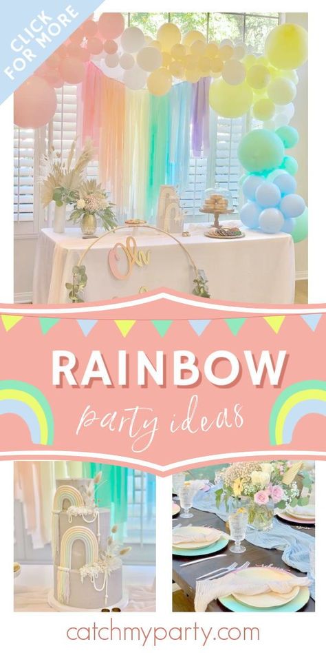 Take a look at this gorgeous rainbow baby shower! The cake is amazing! See more party ideas and share yours at CatchMyparty.com #catchmyparty #partyideas #rainbow #babyshower #pastelrainbow #rainbowbabyshower Over The Rainbow Baby Shower Theme, Pastel Rainbow Baby Shower Theme, Rainbow Theme Baby Shower Ideas, Rainbow Baby Shower Ideas Decoration, Rainbow Centerpiece Ideas, Pastel Rainbow Baby Shower Ideas, Rainbow Themed Baby Shower Ideas, Baby Shower Rainbow Theme, Rainbow Shower Ideas