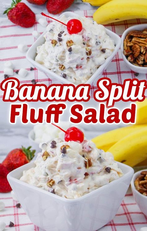 This Banana Split Fluff is a thick, crunchy, and creamy dessert salad filled with fresh fruit like pineapple, cherries, bananas, and strawberries. Great summer recipe. #recipes #dessert Easy Ambrosia Salad, Banana Split Fluff Salad, Banana Split Fluff, Dessert Dip Recipes, Creamy Fruit Salads, Fluff Salad, Banana Split Dessert, Banana Pudding Cheesecake, Fruit Salad Easy