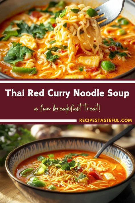 This fragrant and hearty soup features rich coconut milk and bold red curry flavors, combined with tender noodles and fresh vegetables for a deliciously comforting dish. Thai Red Curry Noodle Soup, Thai Vegetable Curry, Stove Top Soup, Thai Red Curry Soup, Curry Noodle Soup, Red Curry Noodle Soup, Vegetable Curry Recipes, Vegan Asian Recipes, Noodle Soup Recipe