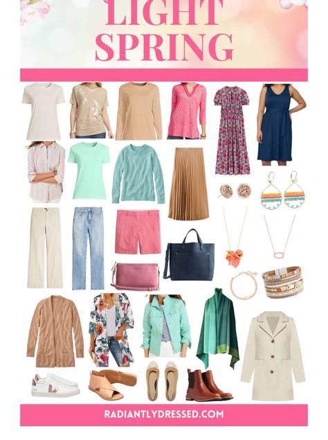 Light Spring Wardrobe, Color Palette Capsule Wardrobe, Essentials Capsule Wardrobe, Radiantly Dressed, Warm Spring Palette, Light Spring Palette, Light Spring Color Palette, Light Spring Colors, Spring Wardrobe Essentials