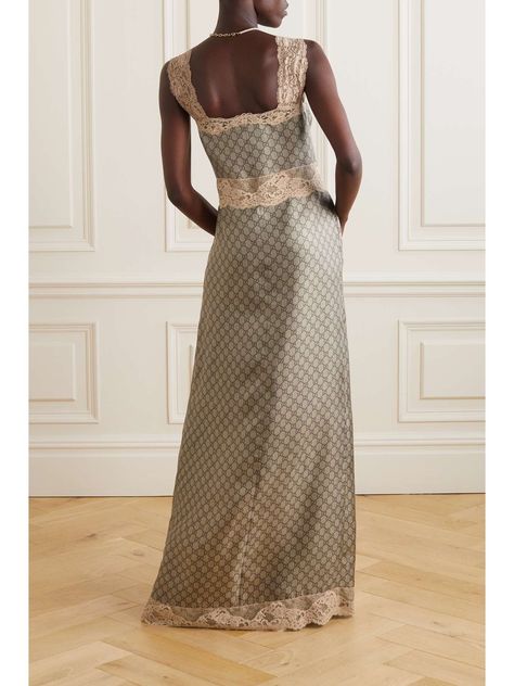 Lace Trim Maxi Dress, Gucci Dresses, Silk Summer Dress, Gucci Dress, Brown Silk, Night Wear, Lace Slip, Silk Twill, Printed Silk