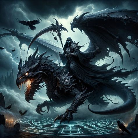 "Riding the dragon of darkness through the abyss. 🐉💀 #NightmareUnleashed" #darkart #grimreaper #dragon #eerie #creepy #horrorart #supernatural #darkfantasy #gothicart #nightmare #macabre #spooky #gloomy #mystical #cryptic #haunting #darkness #evil #shadowrealm #sinister #scary #darkvibes #hellish #mythicalcreature #raven #darkrider #apocalyptic Evil King, Evil Dragon, Grim Reaper Art, Wildest Fantasy, Dragon Artwork Fantasy, The Abyss, Dragon Pictures, Dragon Artwork, Angels And Demons