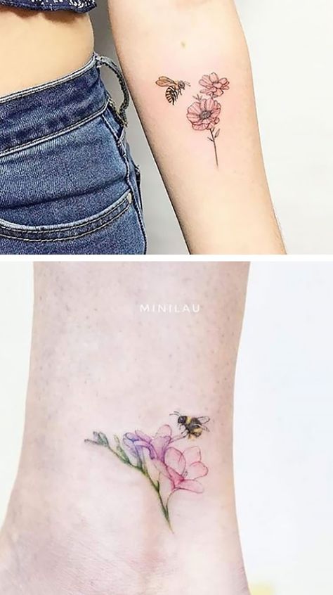 Bee Love Tattoo, Tattoo Ideas Bumblebee, Honey Bee On Flower Tattoo, Flowers Bees And Butterfly Tattoo, Couples Bee Tattoos, Bumble Bee Tattoos For Women, Peony And Bee Tattoo, Tulip And Bee Tattoo, Bee Tattoo Ideas With Flowers