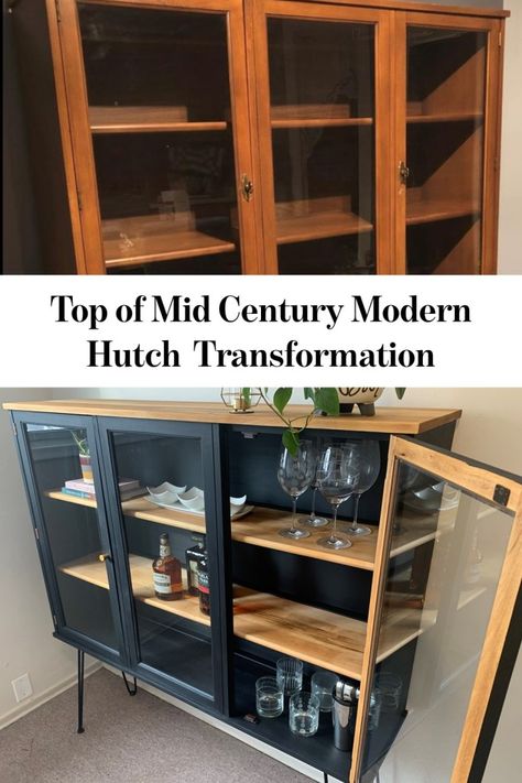 Furniture Flip Bookshelf, Mid Century Makeover Furniture, Mid Century Modern China Cabinet Redo, Mid Century Modern Cabinet Makeover, Upcycled Furniture Mid Century Modern, Top Of China Cabinet Repurposed, Mid Century Modern China Cabinet Makeover, Mid Century China Cabinet Makeover, Mid Century Modern Furniture Flip