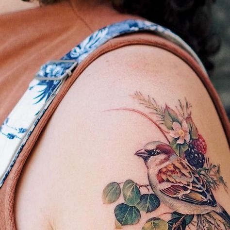 Colored Sparrow Tattoo, Sparrow Tattoos For Women, Sparrow Tattoos, Tattoos 2024, Los Angeles Tattoo, California Tattoo, Sparrow Tattoo, La Tattoo, Botanical Tattoo